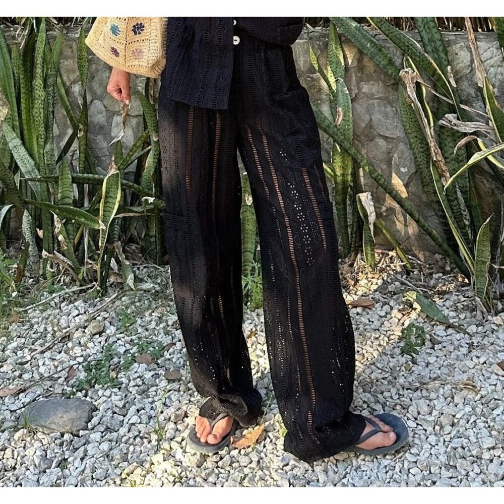 Damson Madder Alys Vacation Pant Trouser Eyelet Wide Leg Cotton Black XL 288245